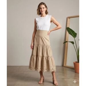 Veronica Beard Dress Womens Large Amaia Midi Eyelet Cotton Tan Khaki White New